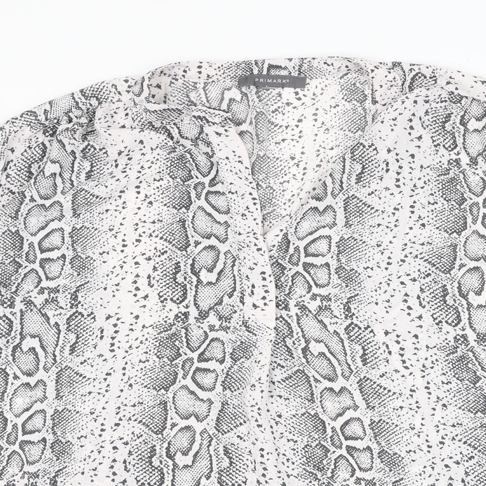 Primark Womens White Animal Print Polyester Basic Blouse Size L V-Neck