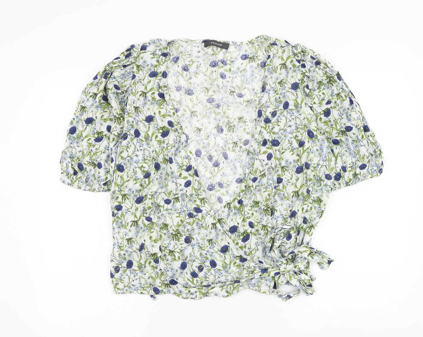 Primark Womens White Floral Cotton Wrap Blouse Size 18 V-Neck