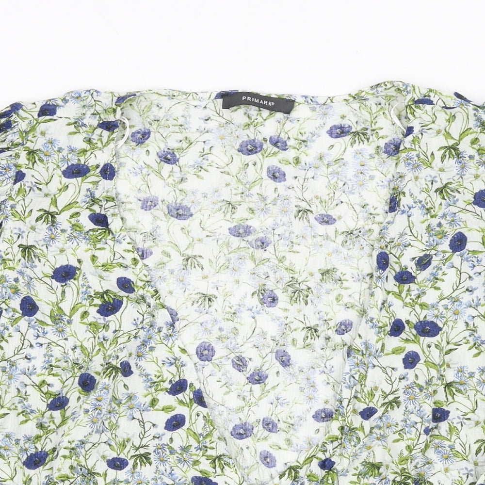 Primark Womens White Floral Cotton Wrap Blouse Size 18 V-Neck
