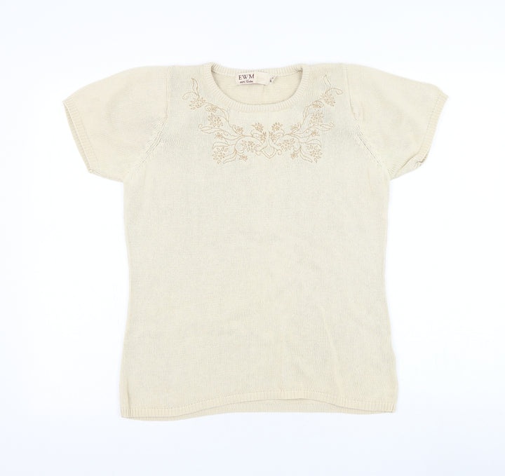 EWM Womens Beige Round Neck Cotton Pullover Jumper Size 10 - Flower