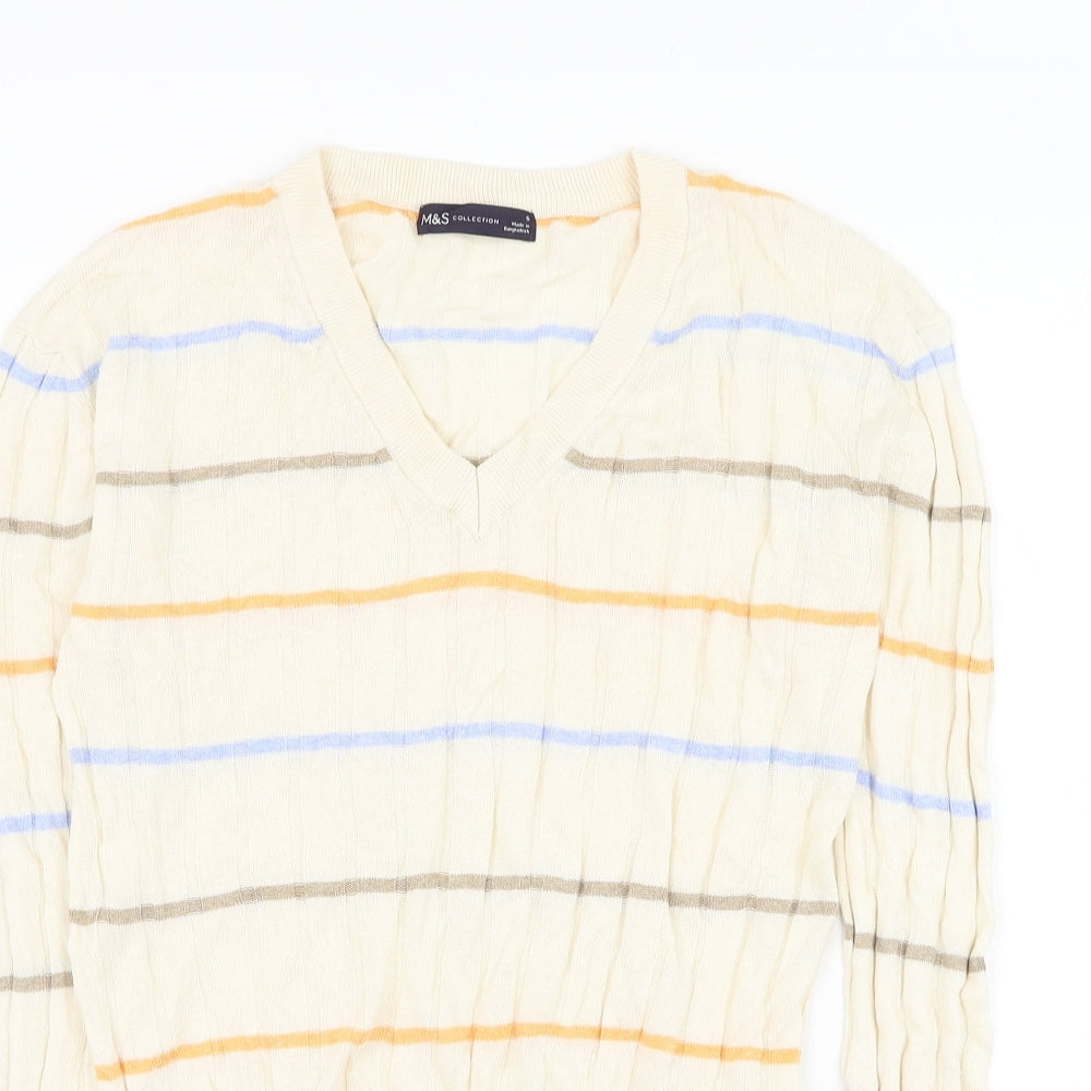 Marks and Spencer Womens Beige V-Neck Striped Viscose Pullover Jumper Size S