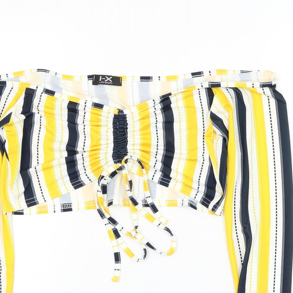 I-X London Womens White Striped Polyester Cropped Blouse Size 10 Round Neck