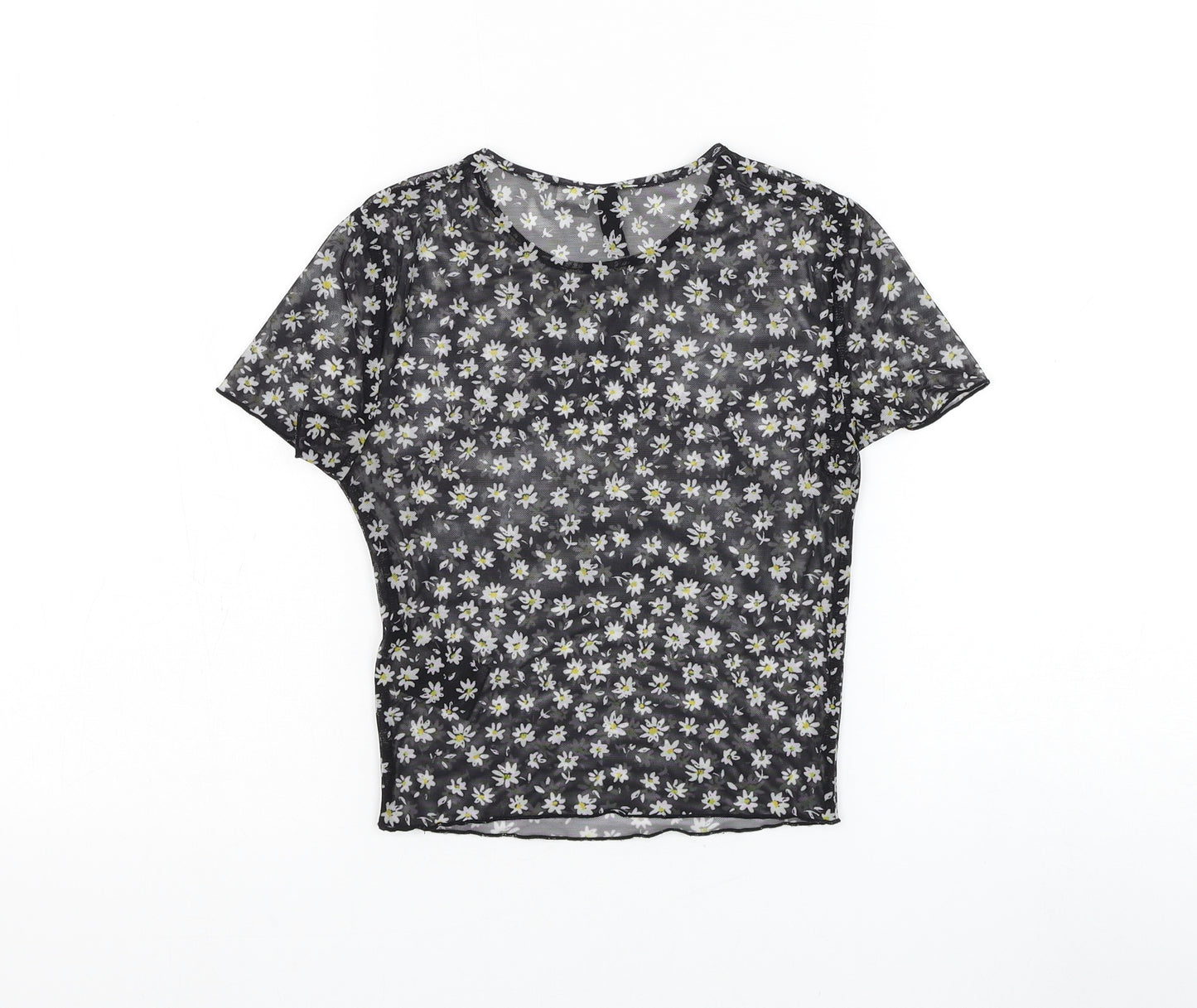 H&M Womens Black Floral Polyester Basic T-Shirt Size XS Round Neck