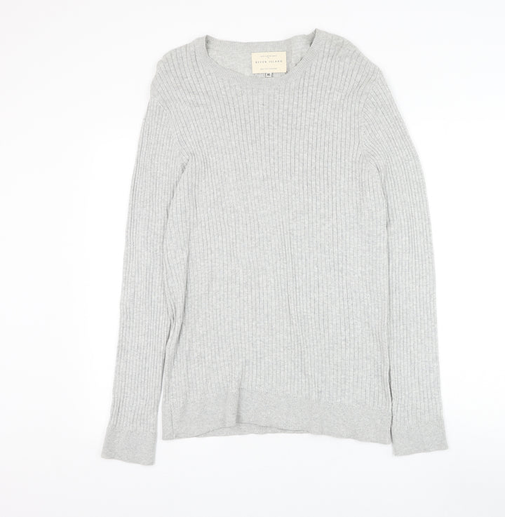 River Island Mens Grey Round Neck Cotton Pullover Jumper Size XL
