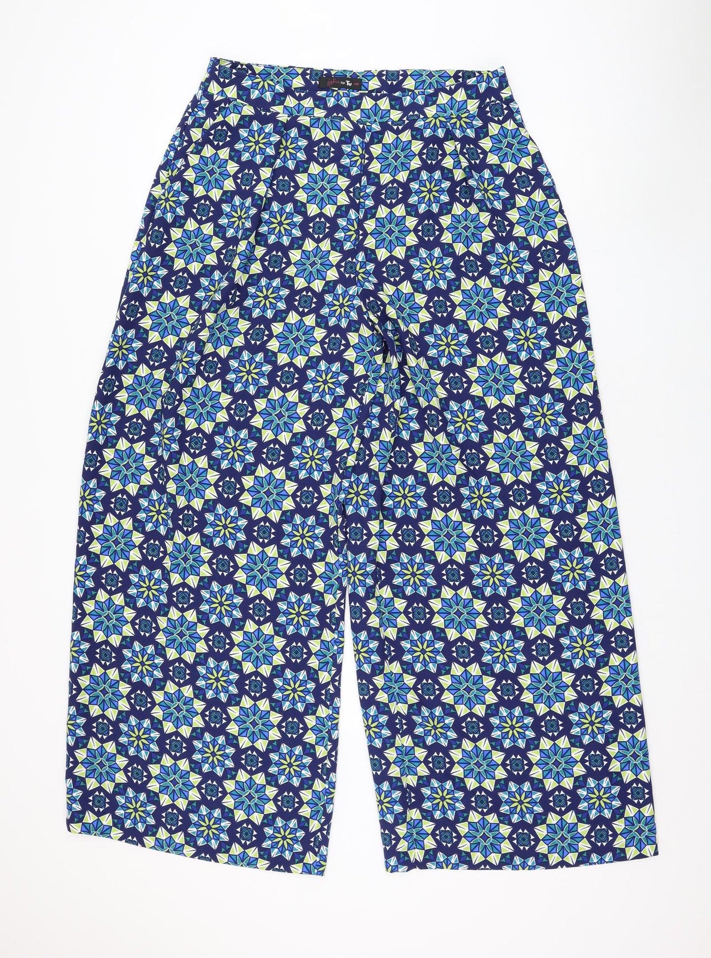 TU Womens Blue Geometric Polyester Trousers Size 14 L30 in Regular Zip