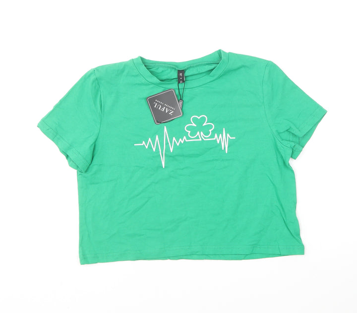 Zaful Womens Green Cotton Cropped T-Shirt Size S Round Neck