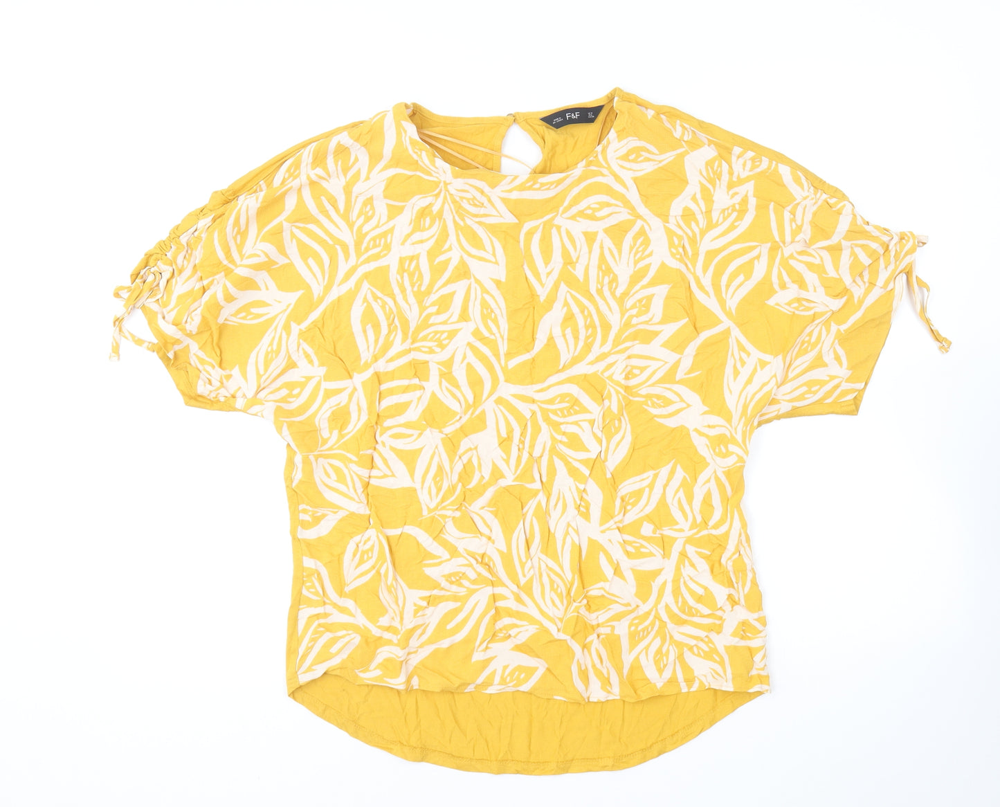 F&F Womens Yellow Floral Viscose Basic T-Shirt Size 10 Round Neck