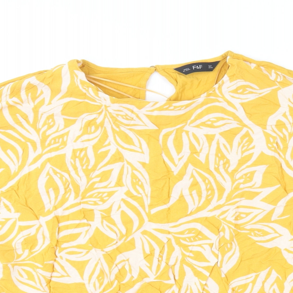 F&F Womens Yellow Floral Viscose Basic T-Shirt Size 10 Round Neck