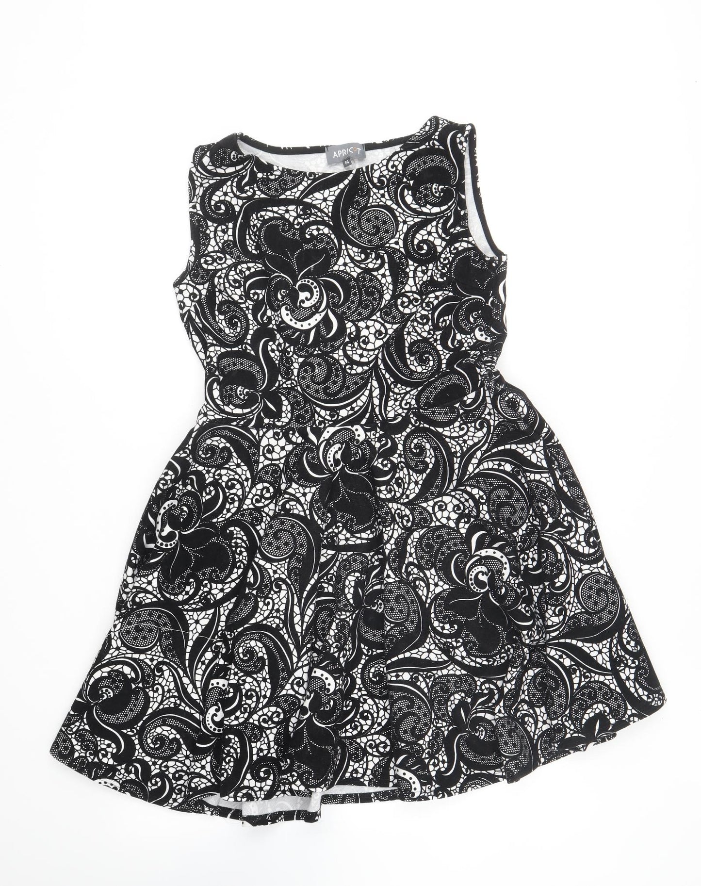 Apricot Womens Black Geometric Polyester Skater Dress Size 14 Round Neck Pullover