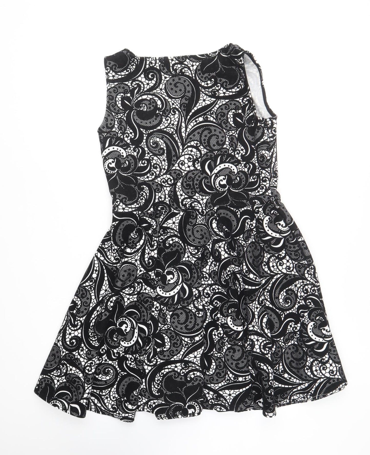 Apricot Womens Black Geometric Polyester Skater Dress Size 14 Round Neck Pullover