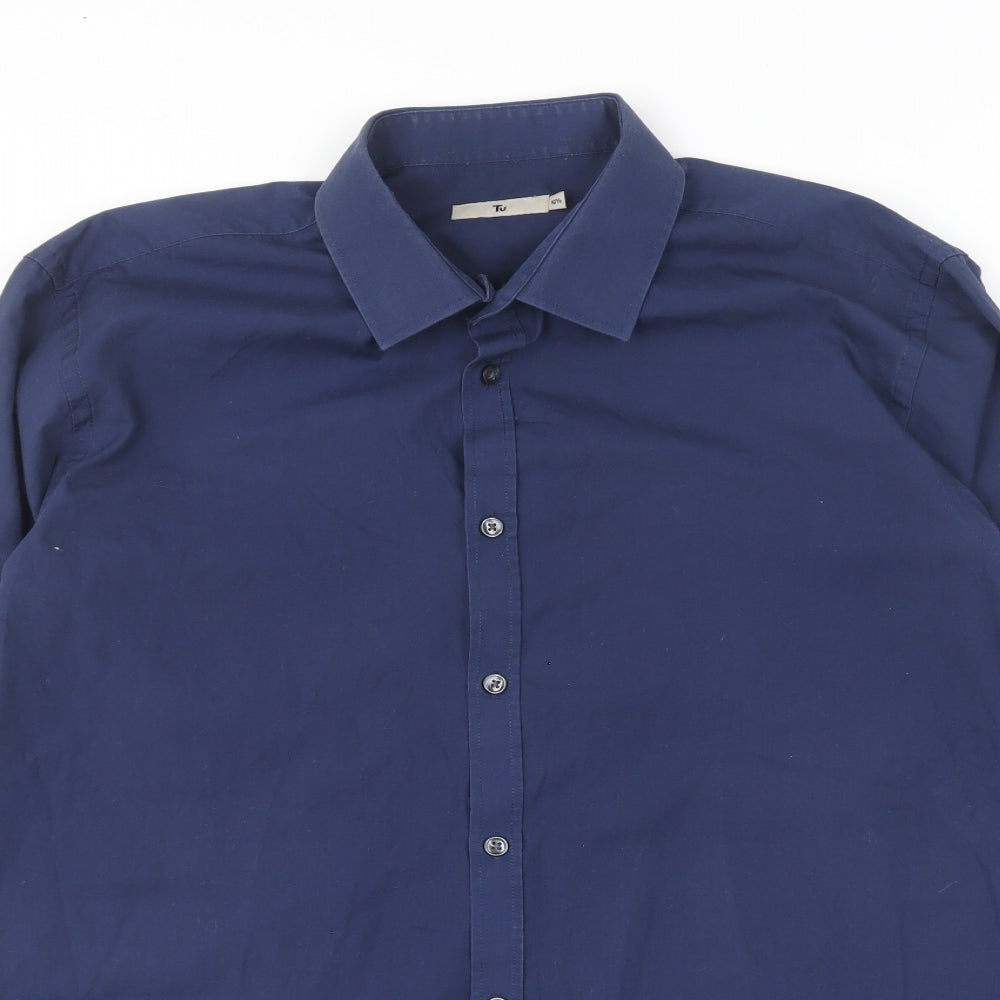 TU Mens Blue Cotton Button-Up Size 16.5 Collared Button