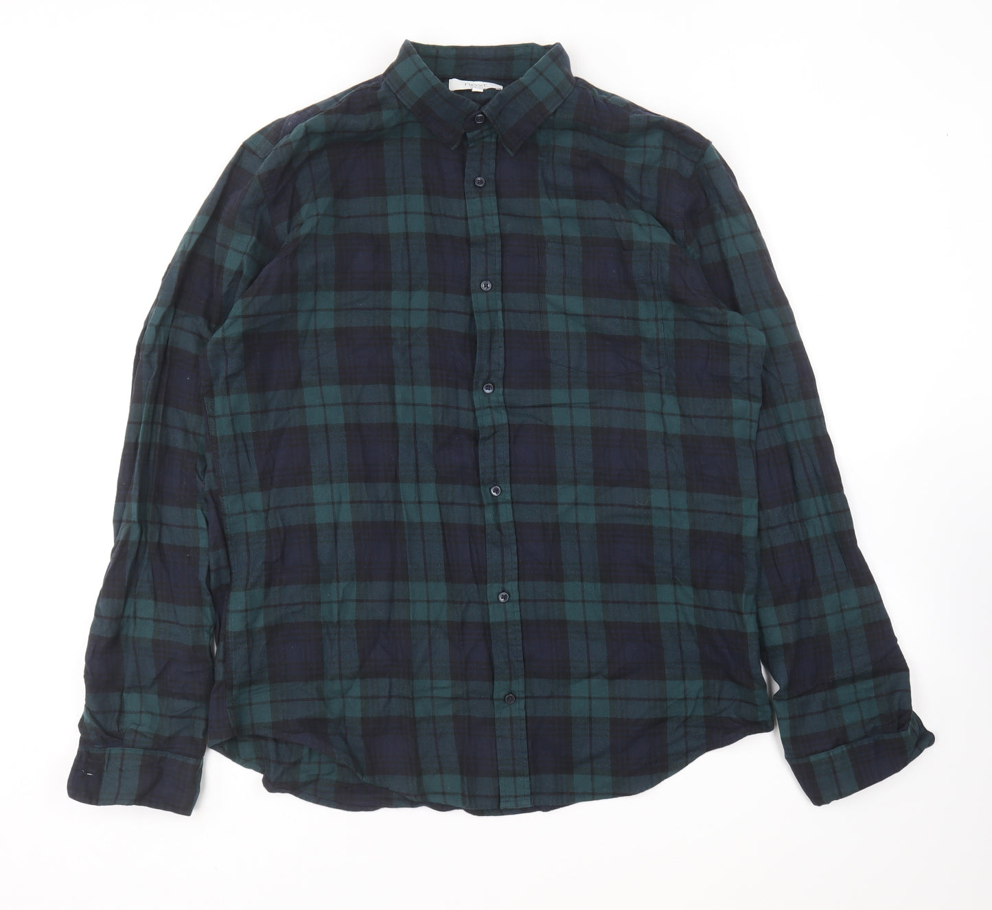 NEXT Mens Green Plaid Cotton Button-Up Size L Collared Button