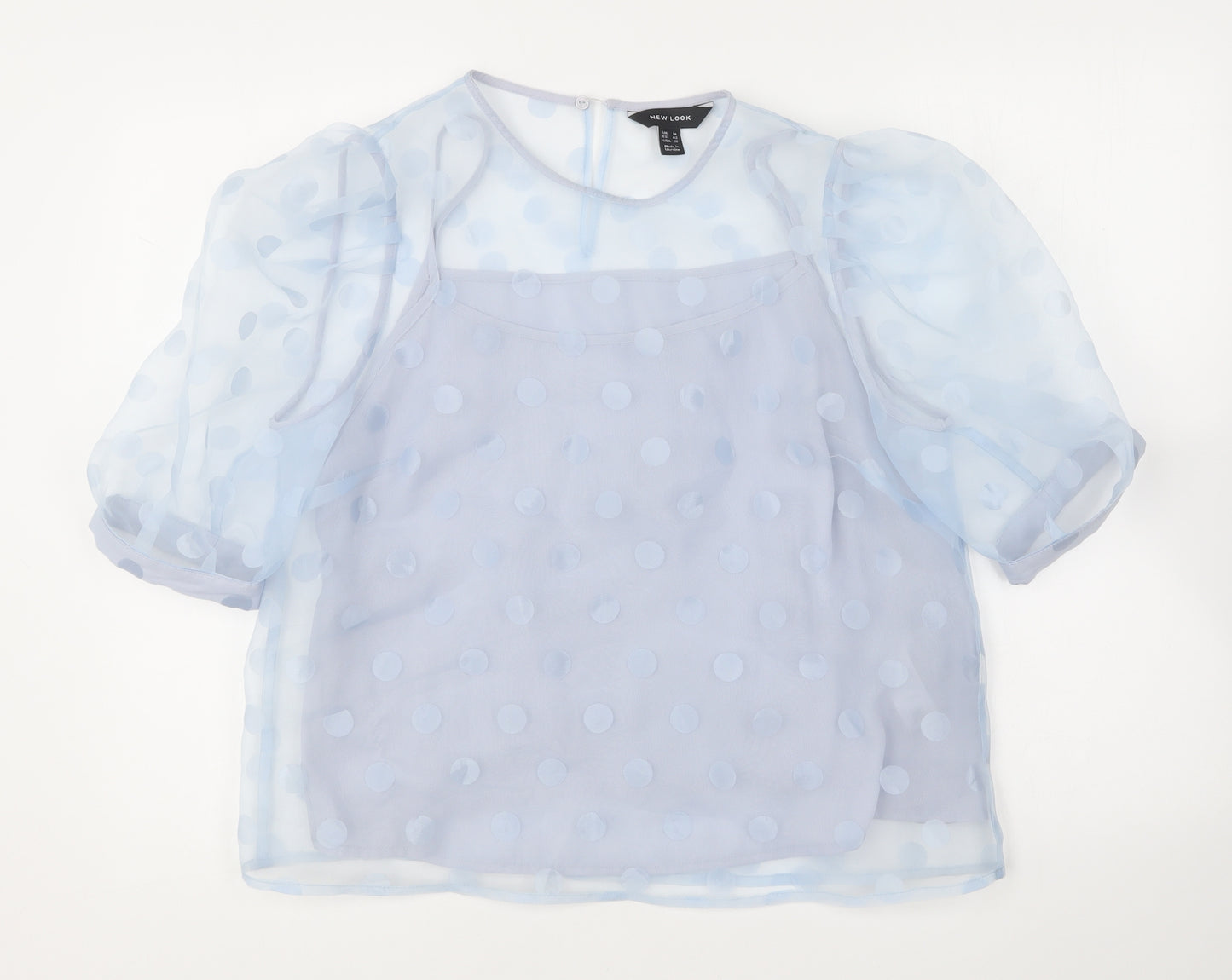 New Look Womens Blue Polka Dot Polyester Basic Blouse Size 14 Round Neck - Puffed Sleeve
