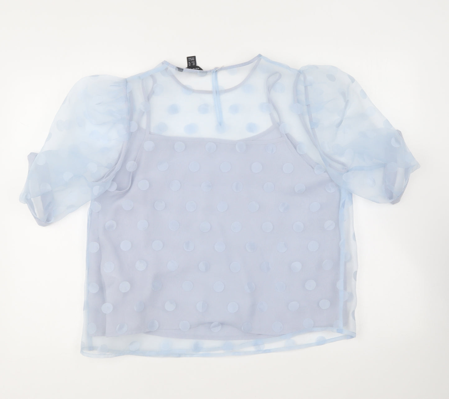New Look Womens Blue Polka Dot Polyester Basic Blouse Size 14 Round Neck - Puffed Sleeve