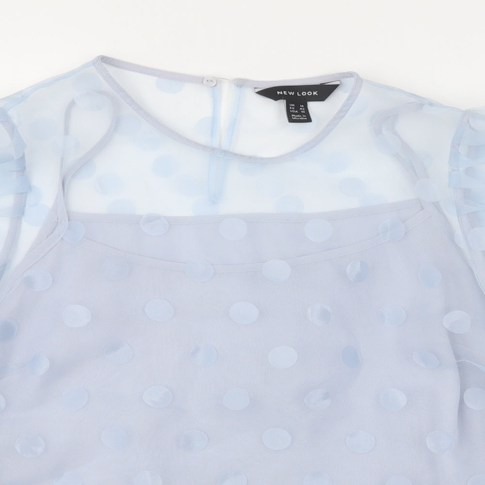 New Look Womens Blue Polka Dot Polyester Basic Blouse Size 14 Round Neck - Puffed Sleeve