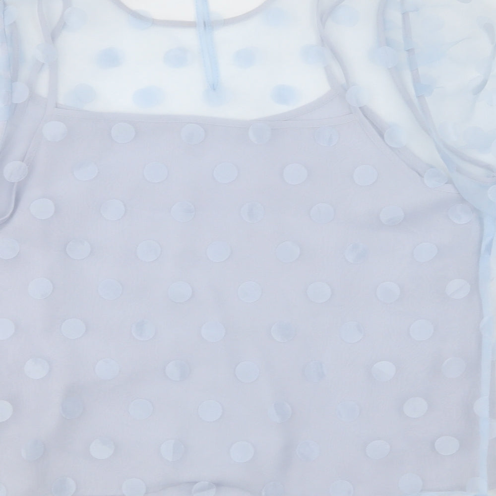 New Look Womens Blue Polka Dot Polyester Basic Blouse Size 14 Round Neck - Puffed Sleeve