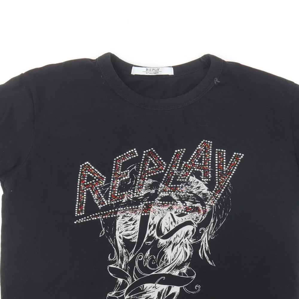 Replay Womens Black Cotton Basic T-Shirt Size S Round Neck - Replay