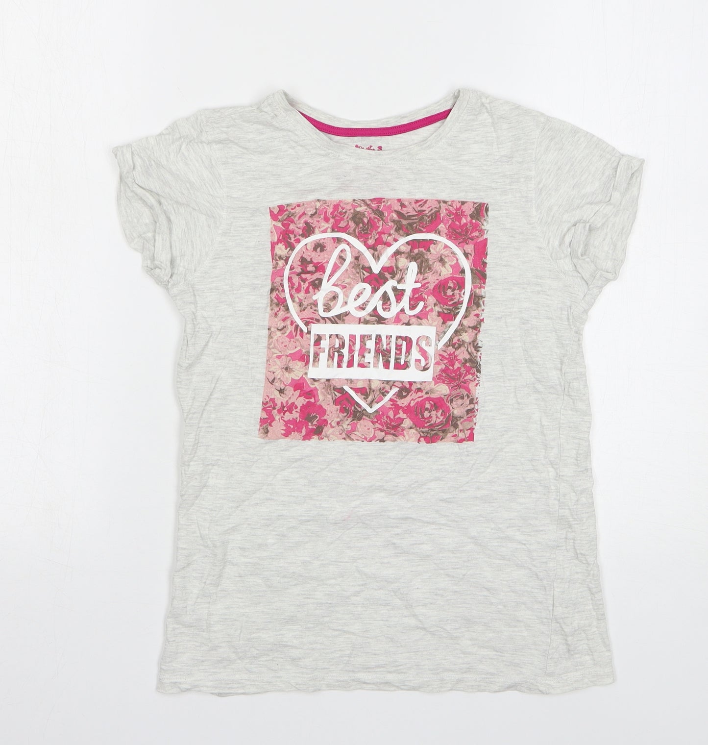 Young Dimension Girls Grey Floral Cotton Basic T-Shirt Size 11-12 Years Round Neck Pullover - Best Friends