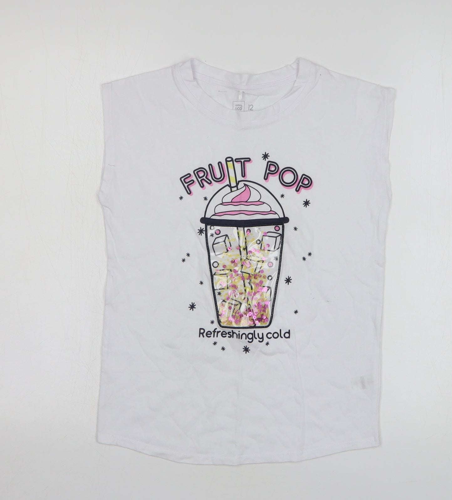 Clothing Co Girls White Cotton Basic Tank Size 12 Years Round Neck Pullover - Fruit Pop