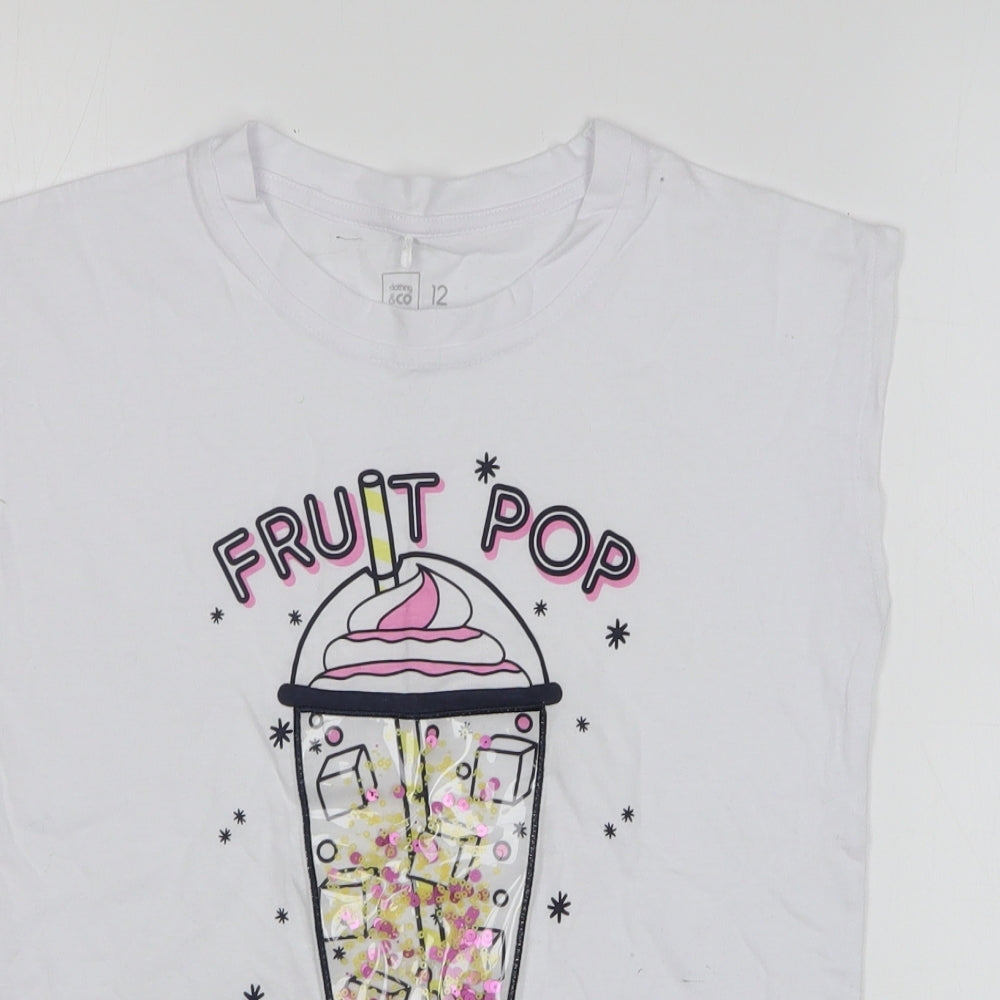 Clothing Co Girls White Cotton Basic Tank Size 12 Years Round Neck Pullover - Fruit Pop