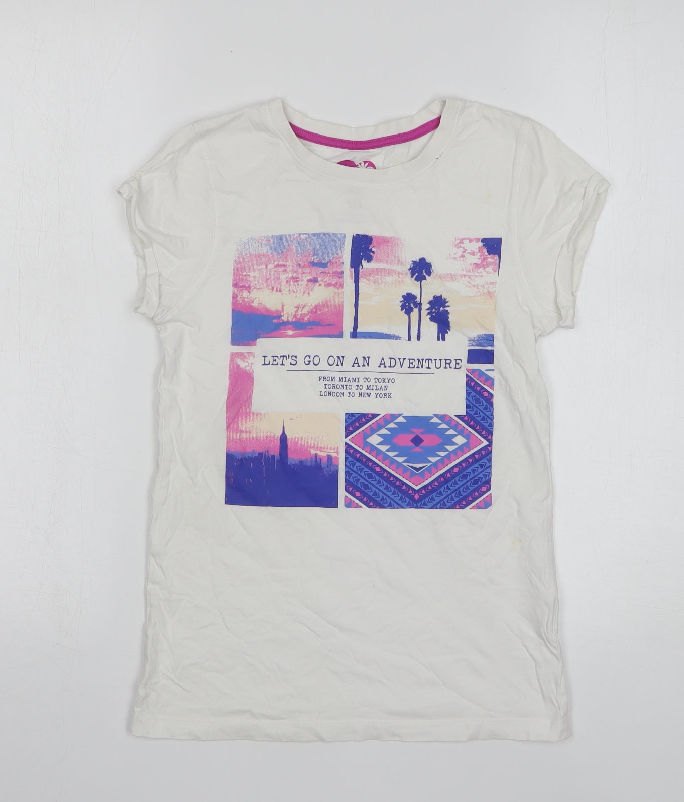 Primark Girls White Geometric Cotton Basic T-Shirt Size 11-12 Years Round Neck Pullover - Adventure