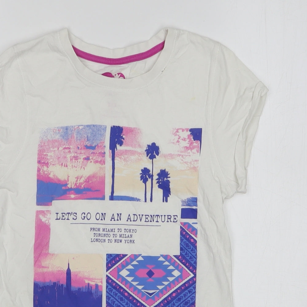 Primark Girls White Geometric Cotton Basic T-Shirt Size 11-12 Years Round Neck Pullover - Adventure