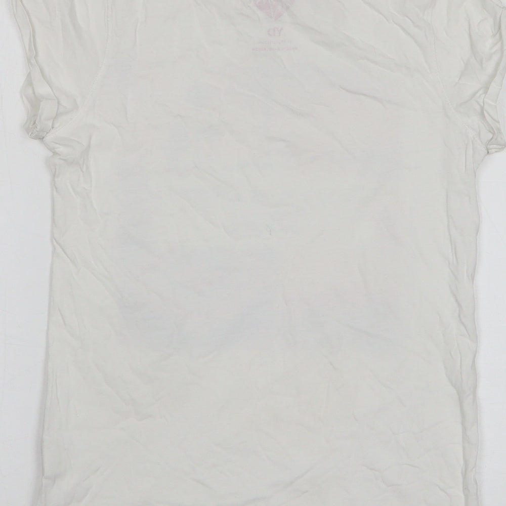 Primark Girls White Geometric Cotton Basic T-Shirt Size 11-12 Years Round Neck Pullover - Adventure