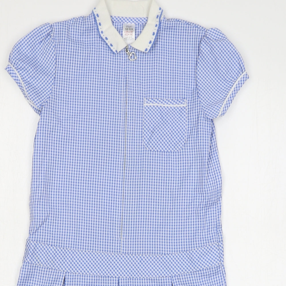 F&F Girls Blue Gingham Polyester A-Line Size 10-11 Years Collared Zip