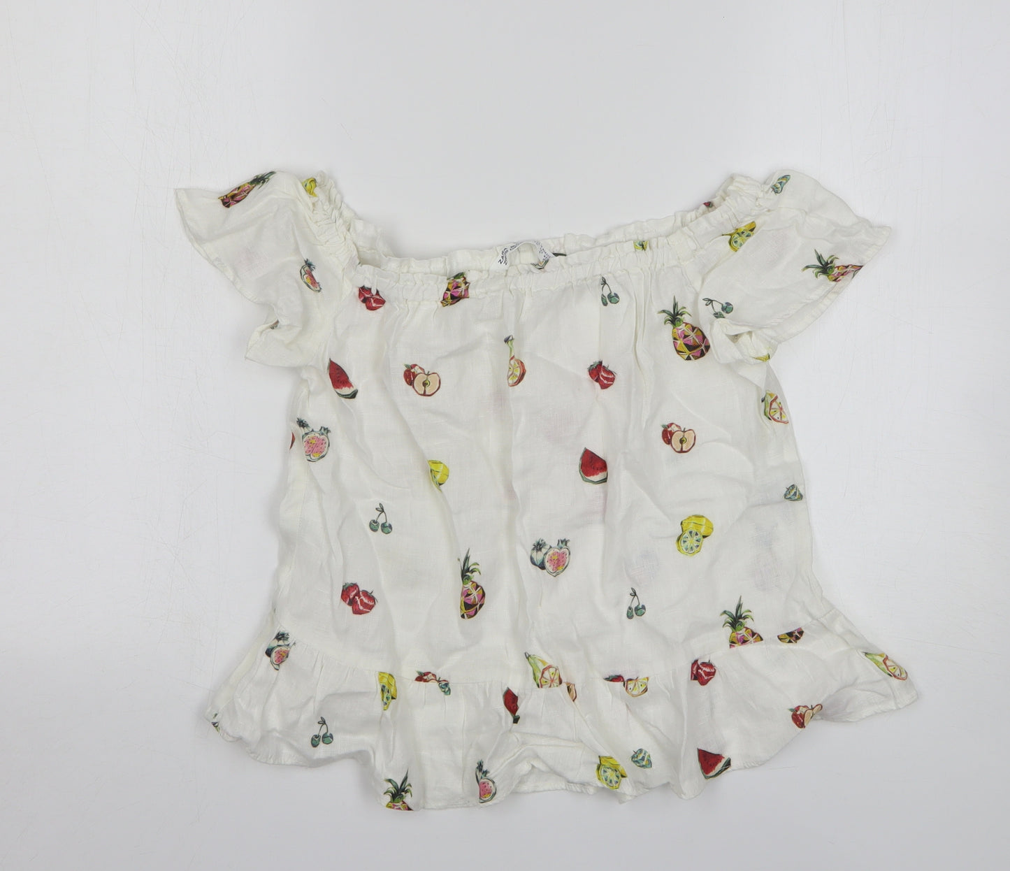 Zara Womens White Geometric Linen Basic Blouse Size M Off the Shoulder - Fruit Print