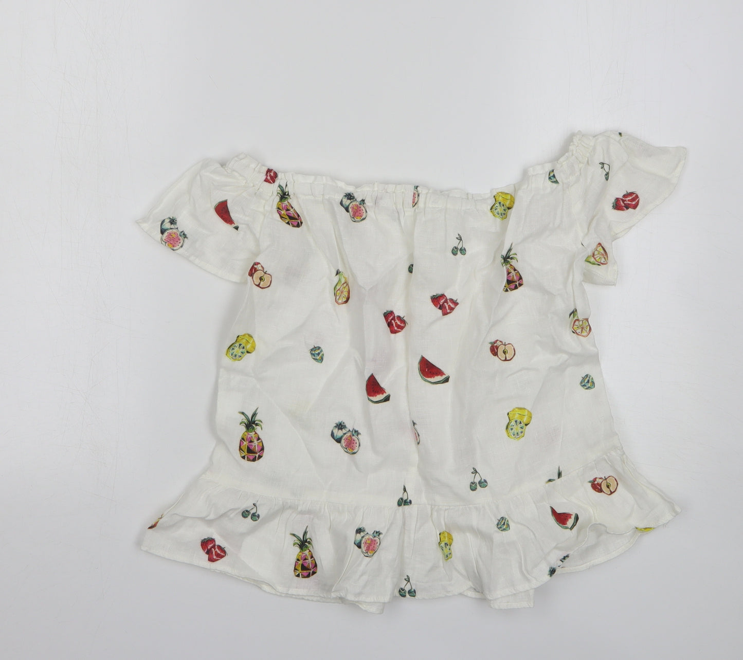 Zara Womens White Geometric Linen Basic Blouse Size M Off the Shoulder - Fruit Print