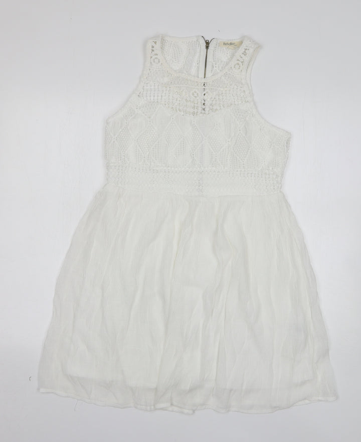 Rebellion Womens White Polyester A-Line Size M Round Neck Zip