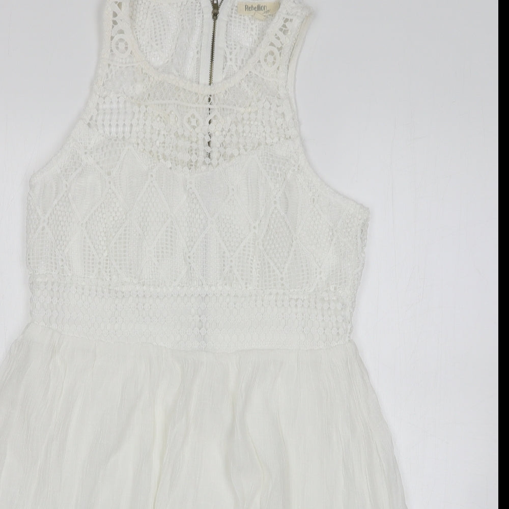 Rebellion Womens White Polyester A-Line Size M Round Neck Zip