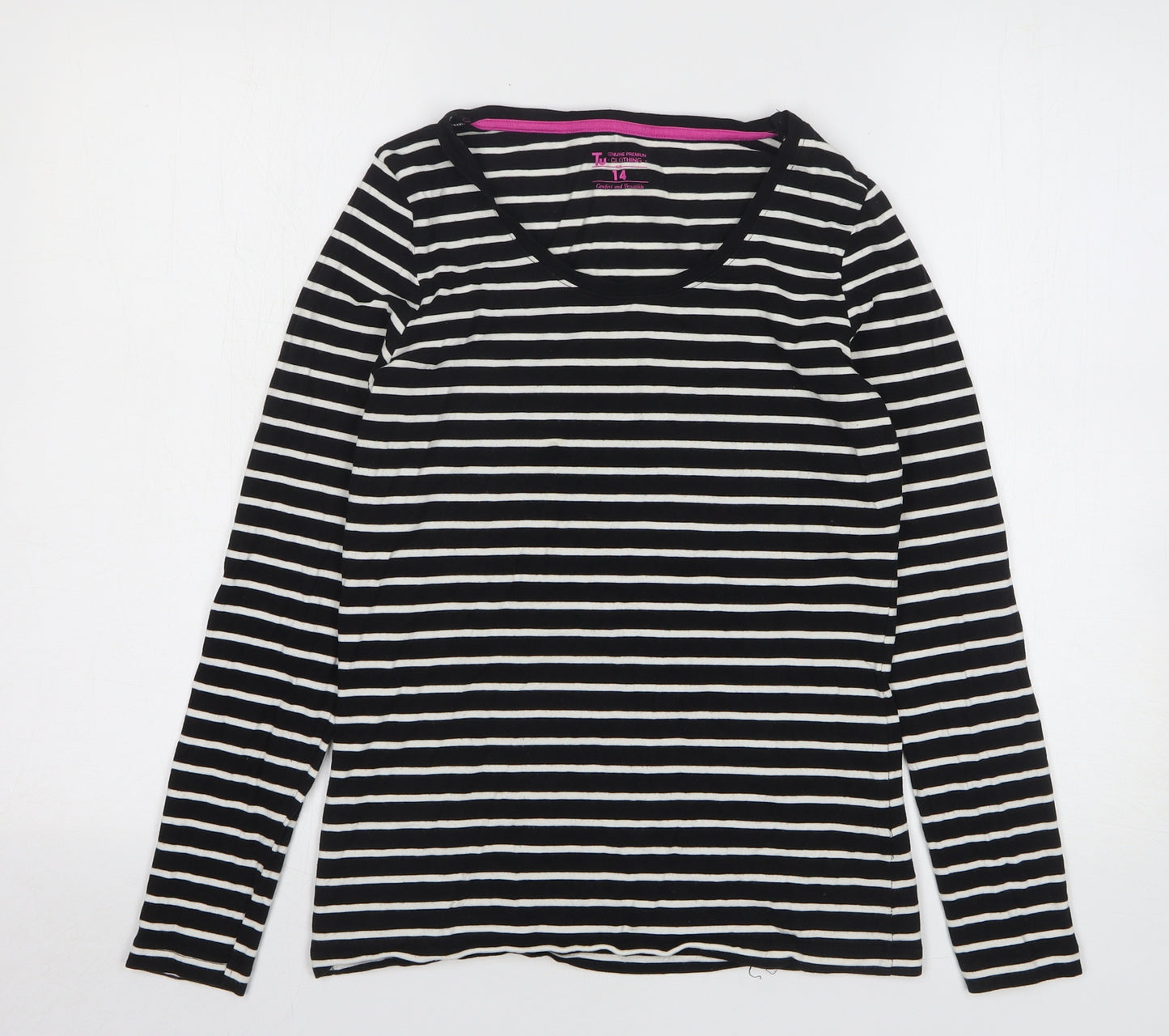 TU Womens Black Striped Cotton Basic T-Shirt Size 14 Round Neck