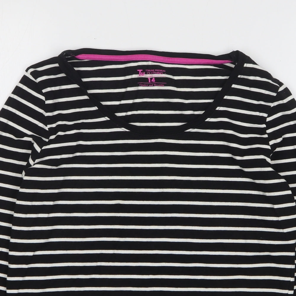 TU Womens Black Striped Cotton Basic T-Shirt Size 14 Round Neck