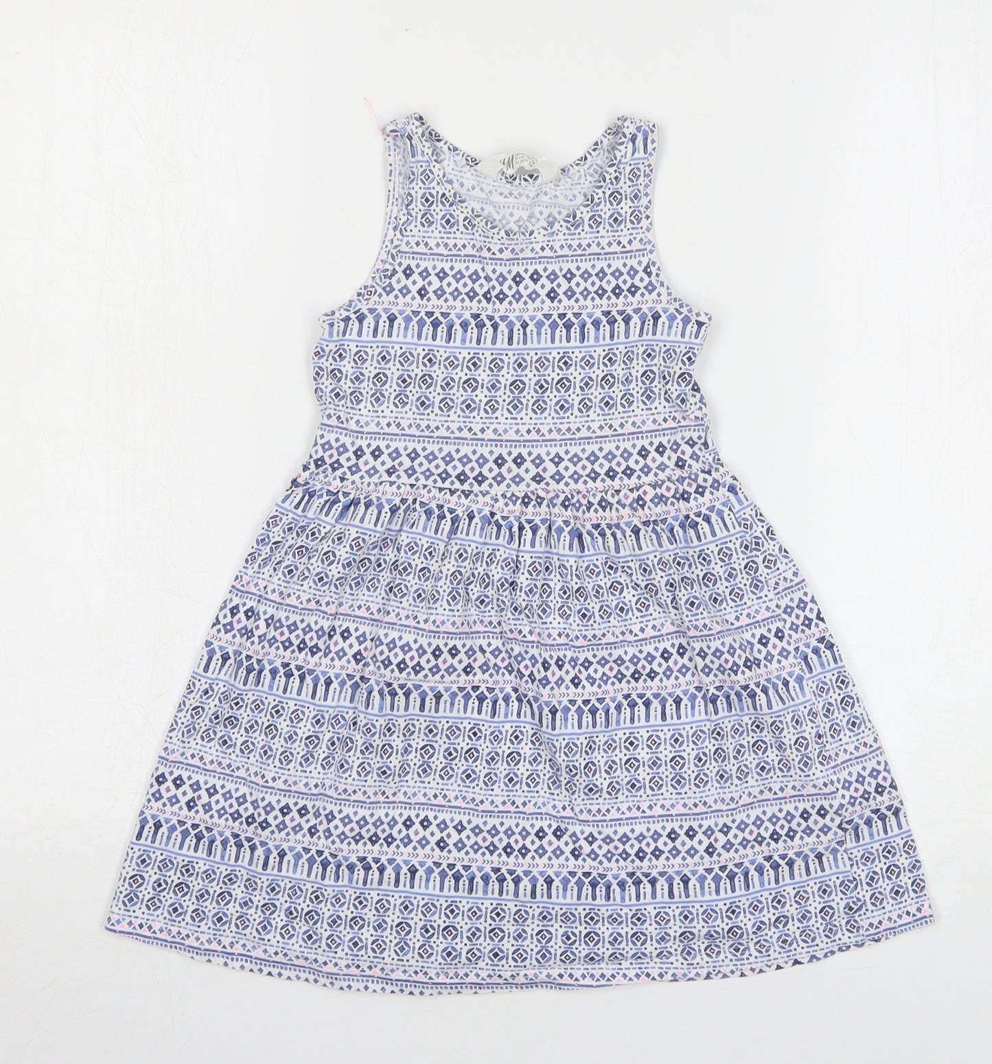 H&M Girls Blue Geometric Cotton A-Line Size 5-6 Years Round Neck Pullover
