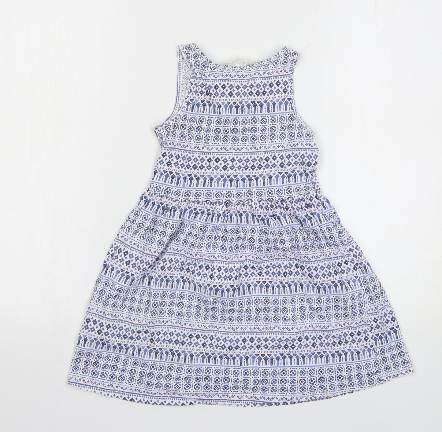 H&M Girls Blue Geometric Cotton A-Line Size 5-6 Years Round Neck Pullover