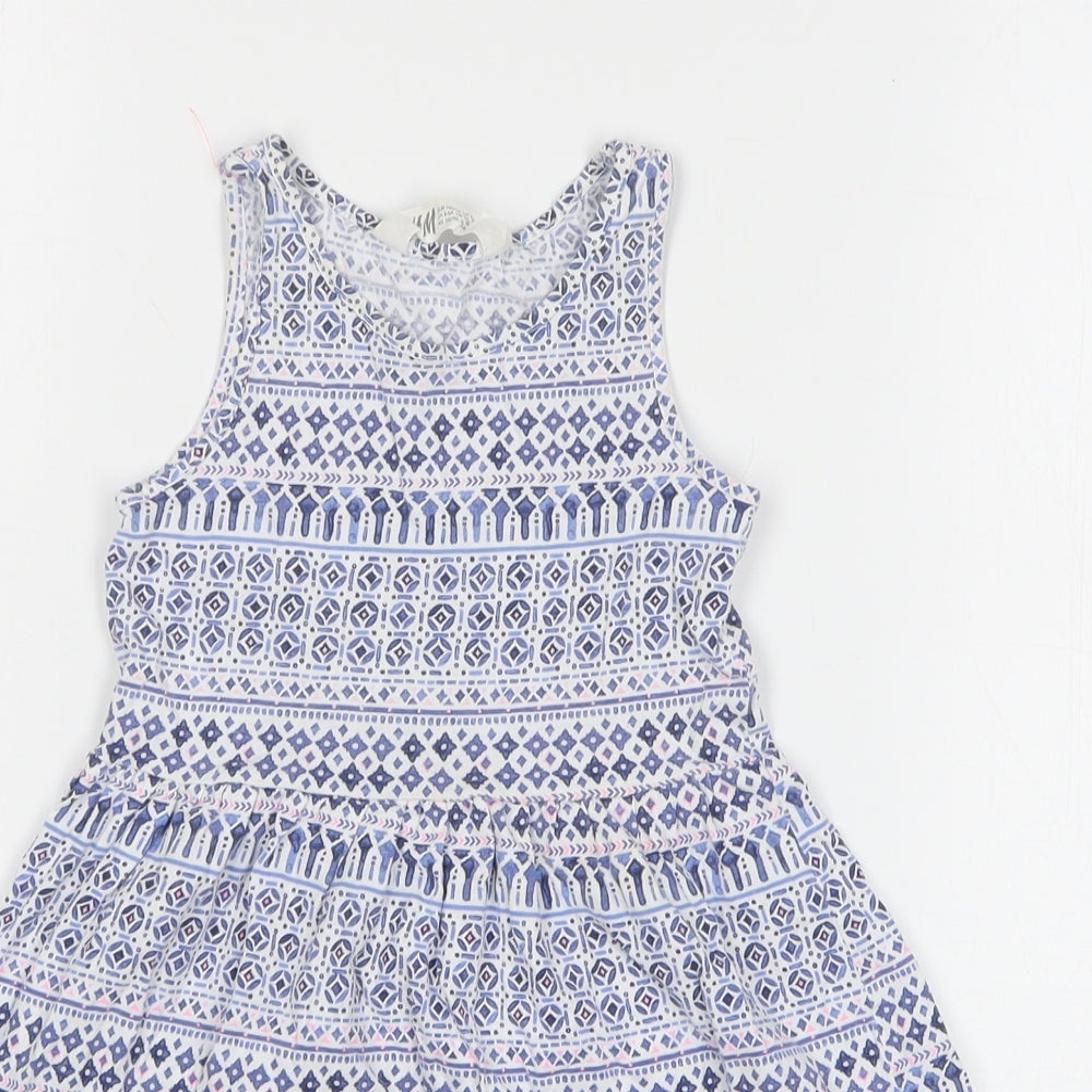 H&M Girls Blue Geometric Cotton A-Line Size 5-6 Years Round Neck Pullover