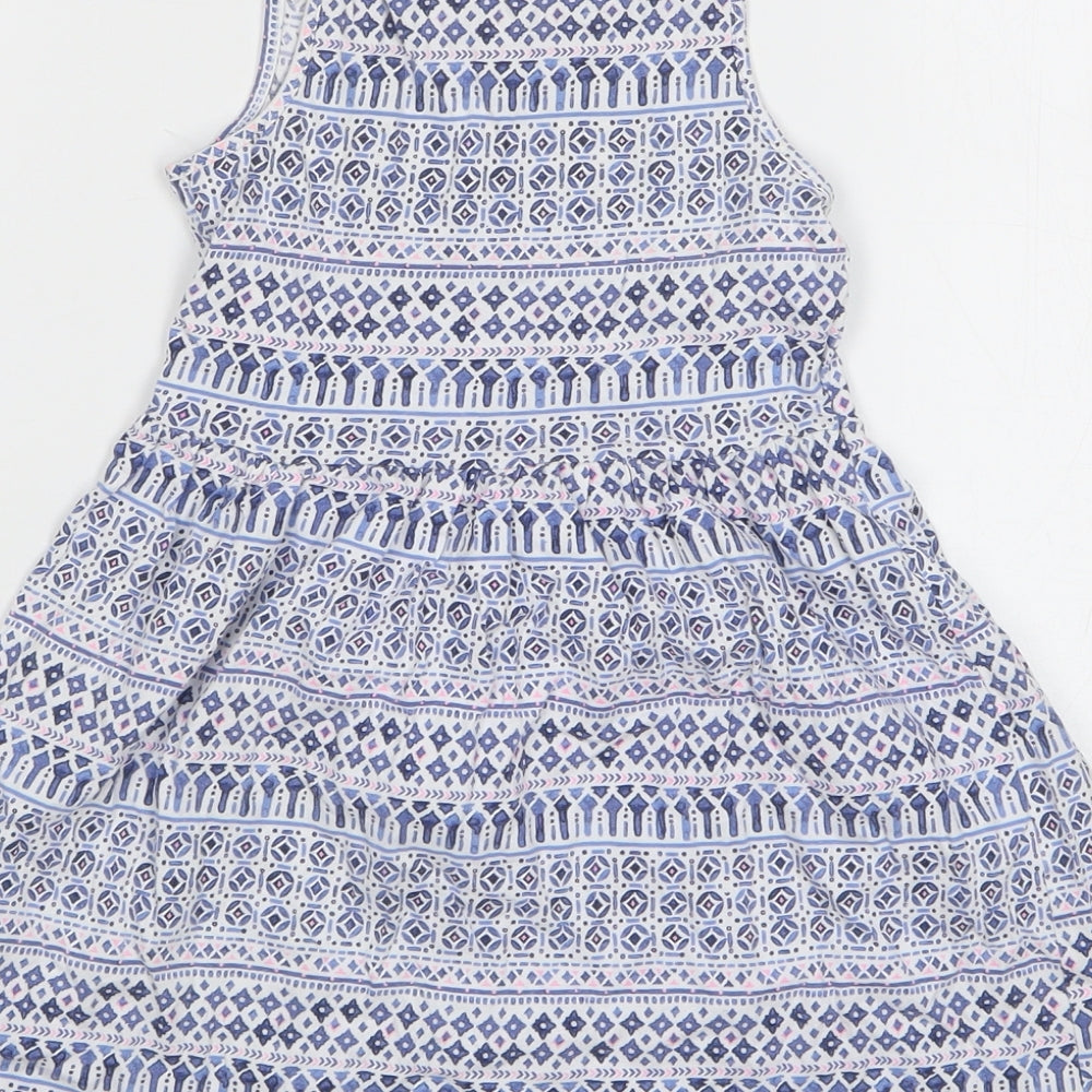 H&M Girls Blue Geometric Cotton A-Line Size 5-6 Years Round Neck Pullover