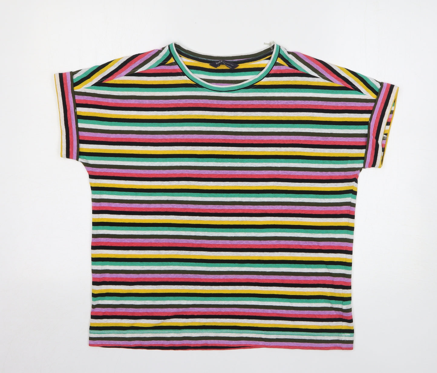Marks and Spencer Womens Multicoloured Striped Linen Basic T-Shirt Size 12 Round Neck