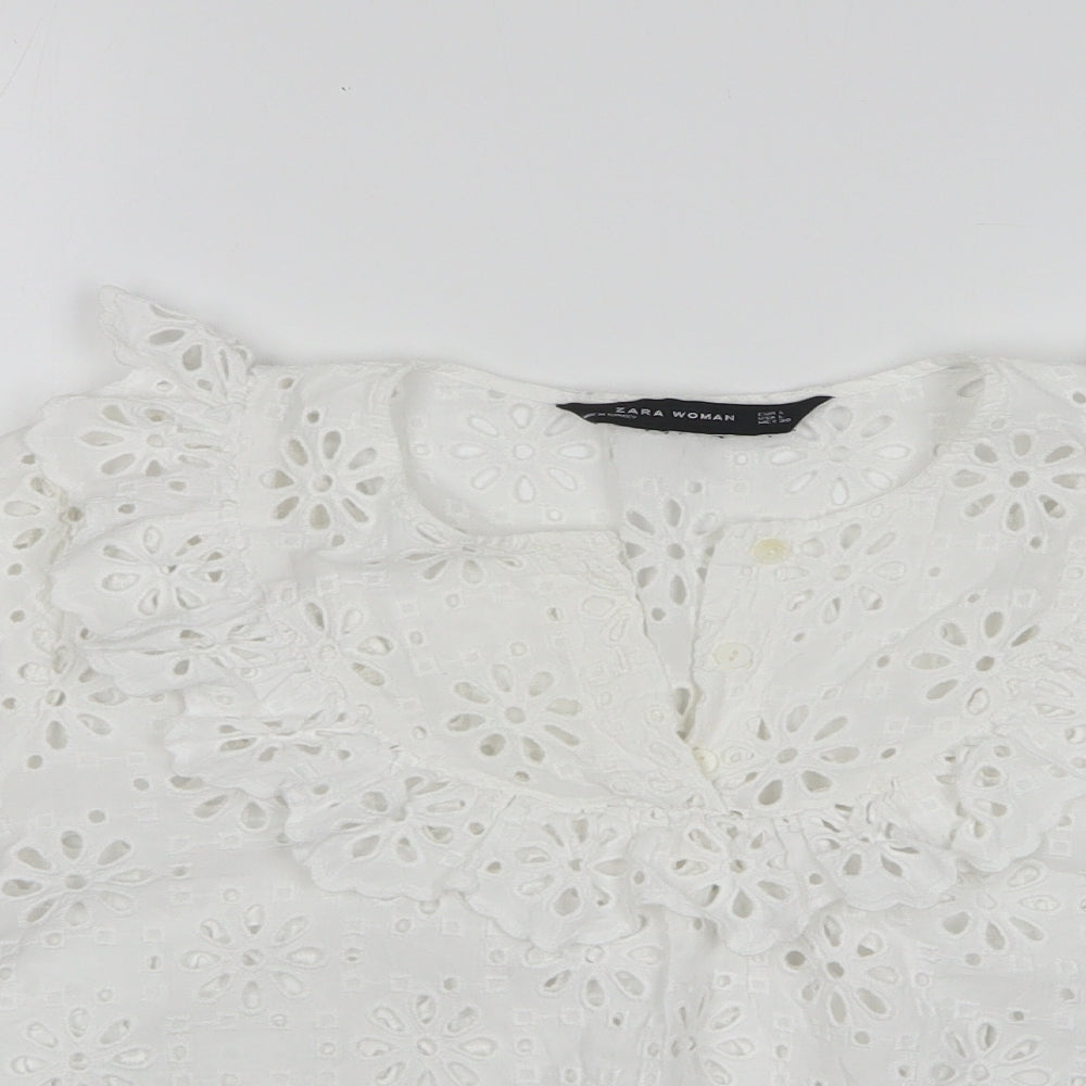 Zara Womens White Floral Cotton Basic Blouse Size L Round Neck