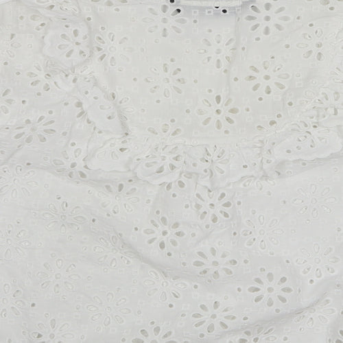 Zara Womens White Floral Cotton Basic Blouse Size L Round Neck