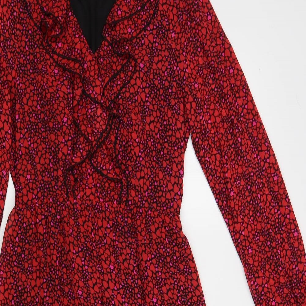 Savida Womens Red Geometric Polyester Fit & Flare Size XS V-Neck Pullover - Heart Print