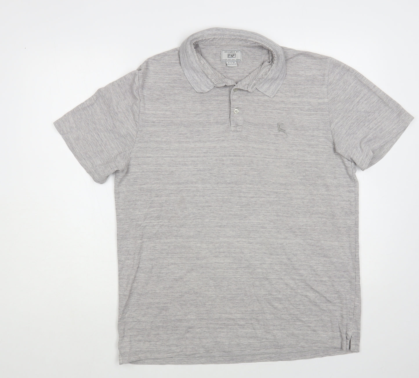 F&F Mens Grey Cotton Polo Size L Collared Button