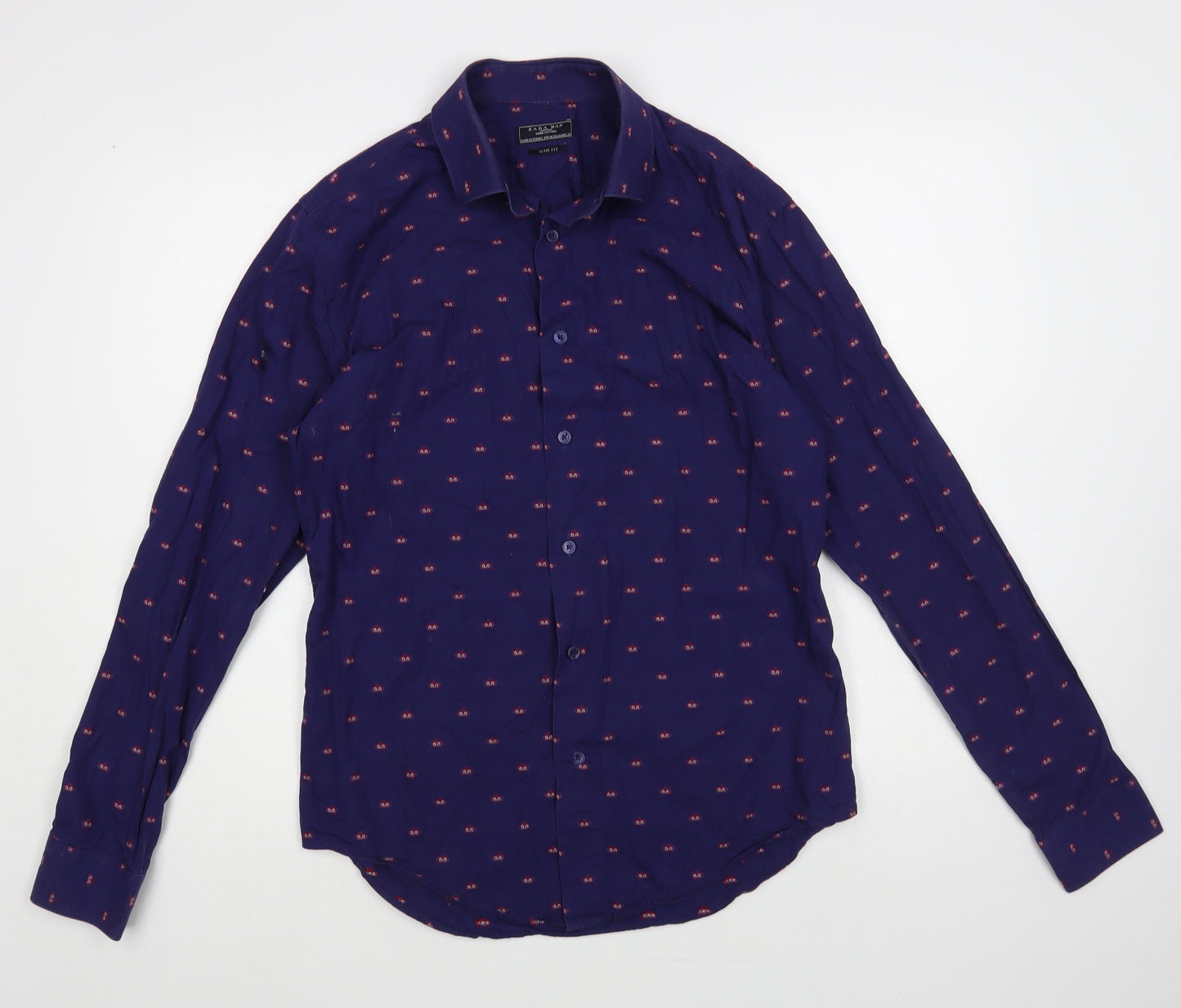 Zara Mens Blue Geometric Cotton Button-Up Size M Collared Button - Crown Print
