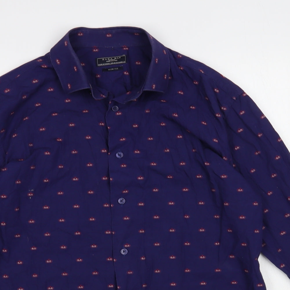 Zara Mens Blue Geometric Cotton Button-Up Size M Collared Button - Crown Print