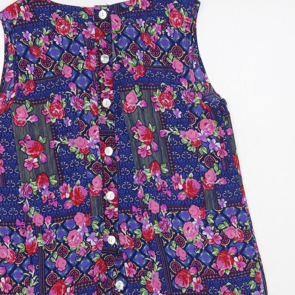 Dunnes Stores Womens Blue Floral Polyester Basic Blouse Size 14 Boat Neck