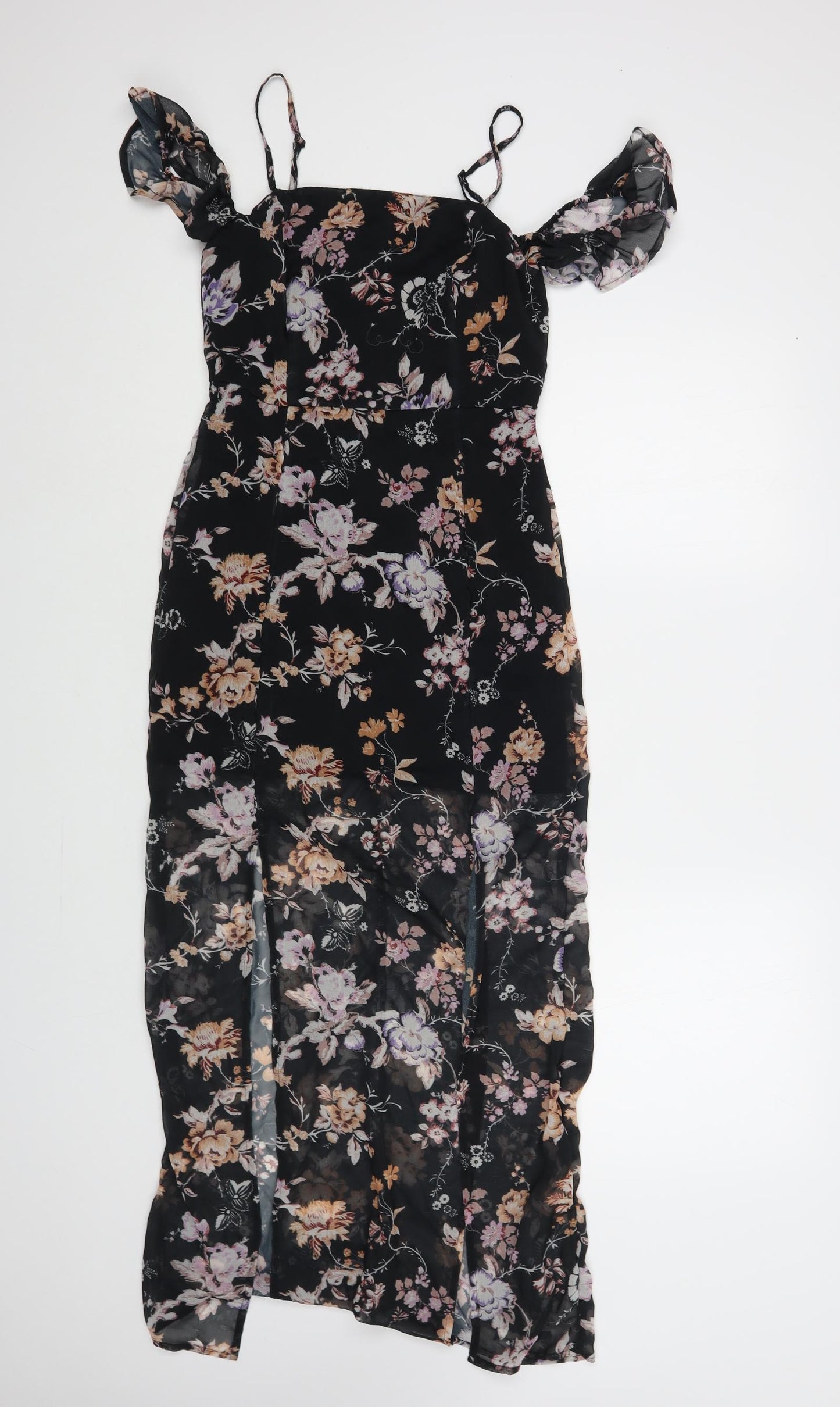 Miss Selfridge Womens Black Floral Polyester Maxi Size 8 Square Neck Zip