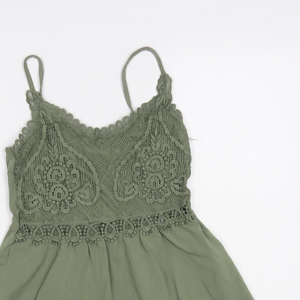 Topshop Womens Green Cotton Camisole Blouse Size 8 V-Neck - Lace Detail