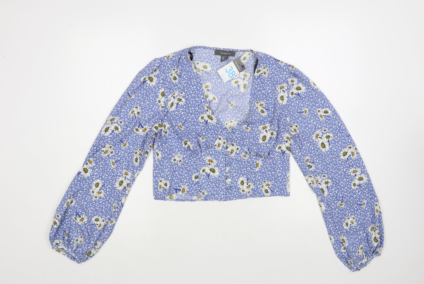 Primark Womens Blue Floral Polyester Cropped Blouse Size 10 V-Neck