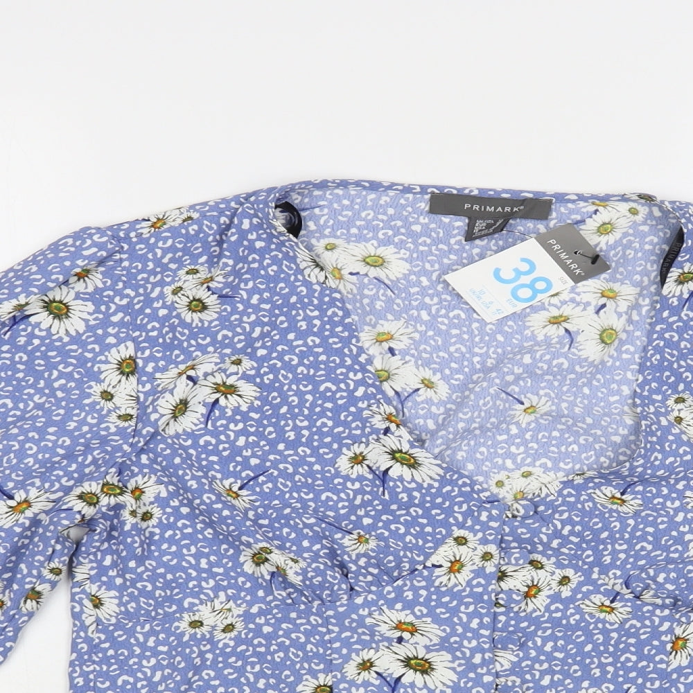 Primark Womens Blue Floral Polyester Cropped Blouse Size 10 V-Neck